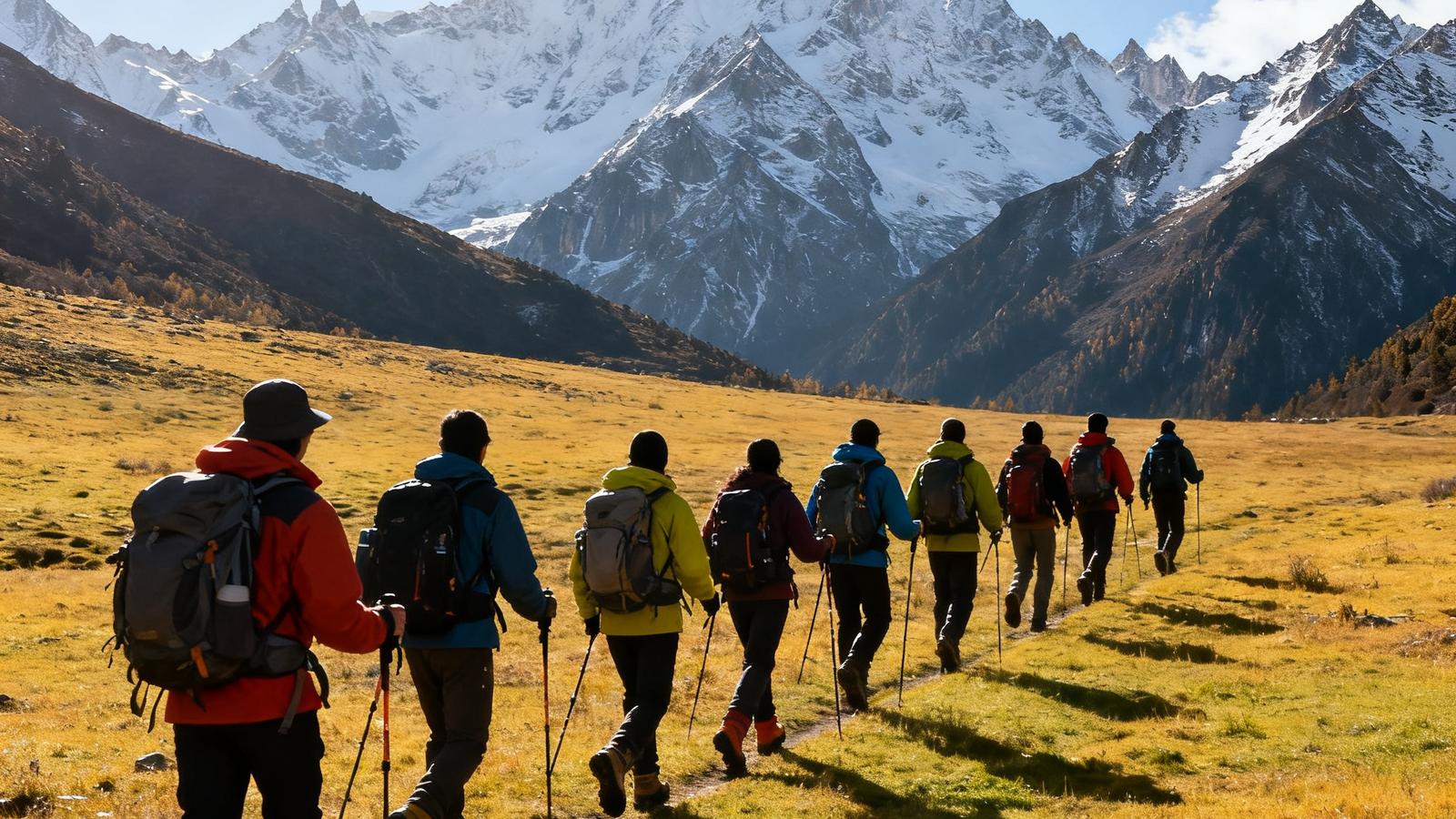伟德体育专业领队带领户外爱好者团队穿越四川四姑娘山高山草甸，远处雪山耸立，队员们身着专业装备稳步前行
