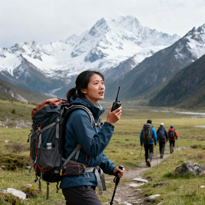 女领队陈雪在川西高原徒步途中，背着专业登山包，正用对讲机与后方团队联络