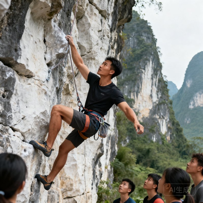 攀岩教练王浩在阳朔攀岩基地，正在为学员演示攀岩技巧，背景是喀斯特地貌的石灰岩岩壁