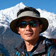 户外爱好者张先生在梅里雪山徒步途中的半身近照，戴着遮阳帽和太阳镜，背景是雪山